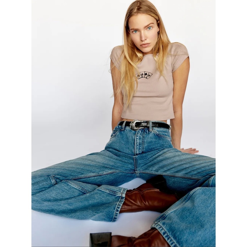 Reformation Muse Tee Playing Cards Pin Up Girl Ribbed Crop Top Tan Small